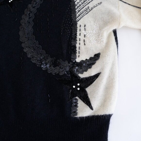 Vintage Escada Black Cream Colour Blocked Sequin Fine Knit Bat Wing Sweater M - Picture 7 of 11